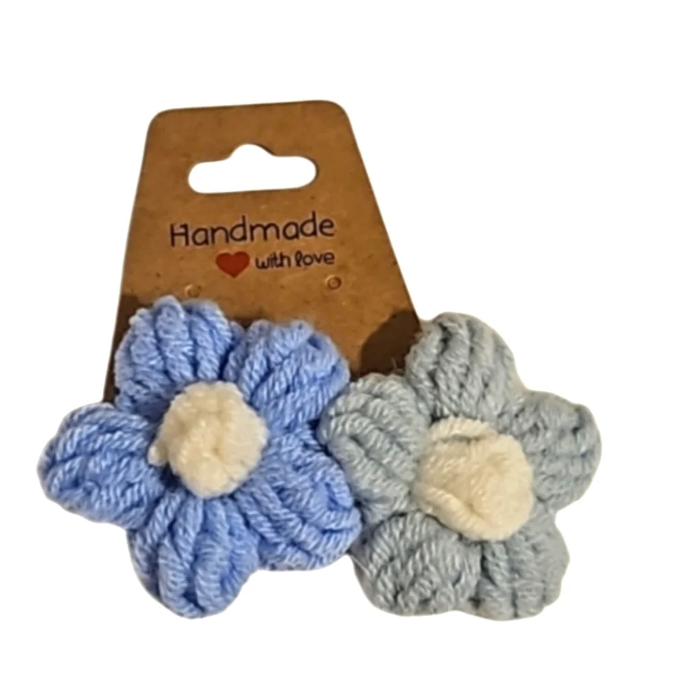 Hand Crafted TikTok Trend Hair Barrette Crocheted Puffy 2-Flowers Blue & White